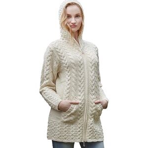 AranCrafts Cream Hooded Aran Zipper Lulu Classic Coat Merino Wool Size XS